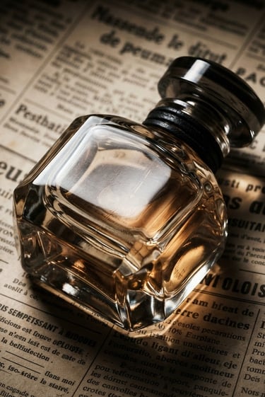 Extreme close-up of a clear glass perfume bottle reflecting sharp studio light, resting on vintage newsprint with black ink text, warm golden undertones, high-contrast, deep shadows