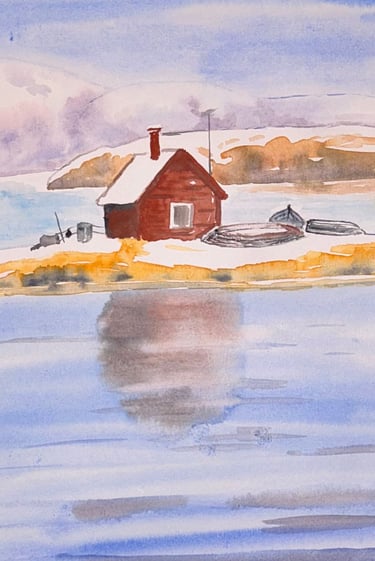 Original watercolor painting of a red cabin reflected in still water within a quiet rural landscape.