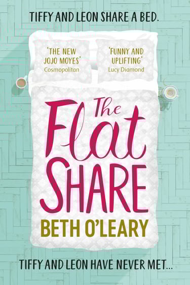 Book cover of The Flatshare by Beth O’Leary — white bed with turquoise floor background.