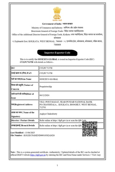 IEC Certificate issued to Ionexus Global for international trade compliance