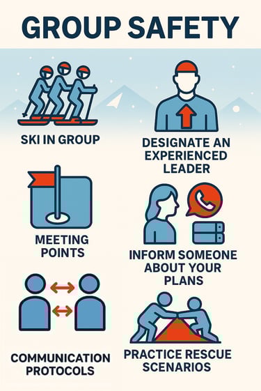 Infographic 'Group Safety': Ski in group, experienced leader, meeting points, inform plans, communication protocols, practice