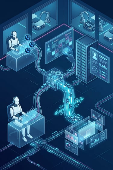 A modern garage communication workflow visual showing an AI receptionist answering inbound customer