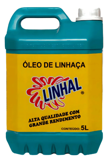 5-liter teal container of Linhal Linseed Oil for wood treatment and protection.
