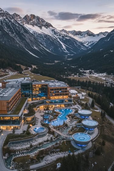 An aerial panoramic view of the entire Aqua Dome thermal resort architecture and outdoor pools nestl