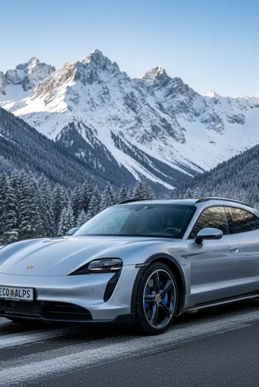 A sleek silver luxury sports car parked against a backdrop of towering snow-capped mountains, repres