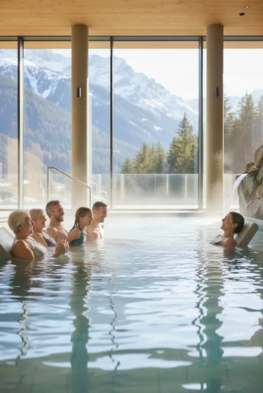 Guests relaxing in a thermal indoor pool with large glass walls overlooking the snowy Alps at this l