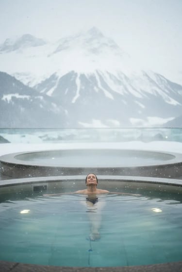 Close-up of a guest relaxing in the thermal waters of the futuristic levitating basins at Aqua Dome,