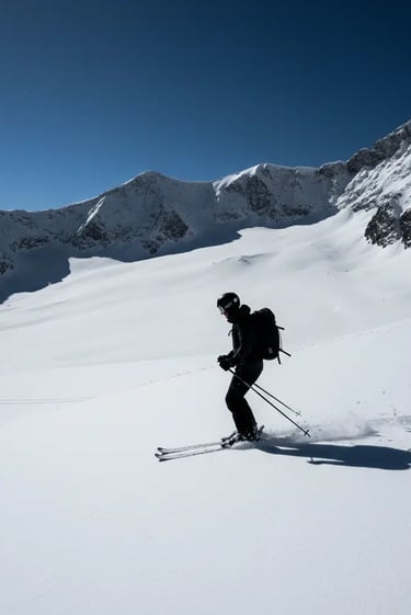 A person skiing down a pristine, sun-drenched mountain slope, showcasing the world-class experience 