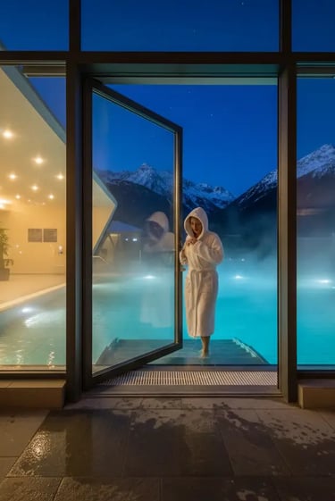 A guest in a white robe standing by an outdoor infinity pool at night with a view of the Alps, highl