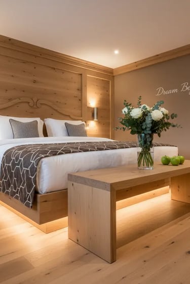 A luxurious alpine hotel room with warm wood finishes and elegant decor at a premier Luxury wellness
