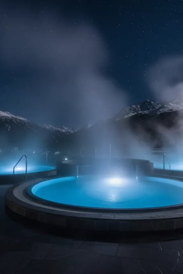 An illuminated outdoor thermal pool at night, surrounded by rising steam and dark mountain silhouett