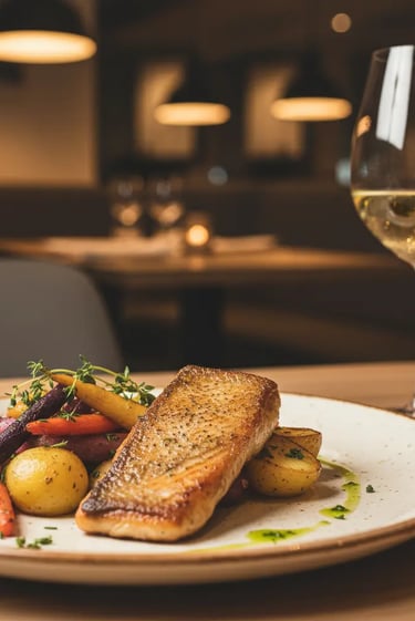 A gourmet grilled salmon fillet served with roasted vegetables at the Aqua Dome restaurant, offering