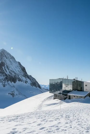 A modern glass building on the snowy slopes of the Sölden glacier, captured under a clear blue sky i