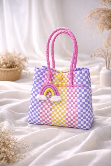 Handmade recycled plastic woven tote bag combination pastel checker pattern eco friendly women bag by Craftvitas Indonesia