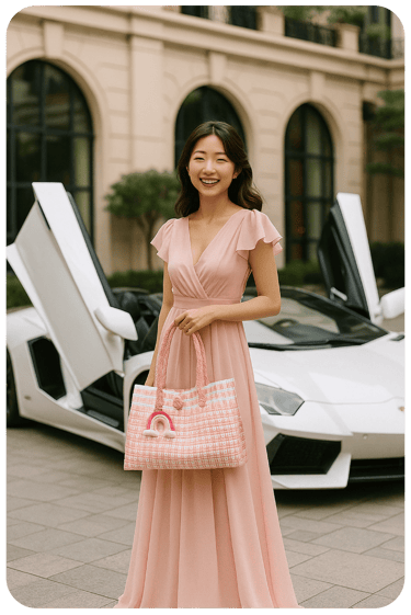 Tas anyaman jali jali pink handmade dari plastik daur ulang dipakai wanita dengan gaya elegan