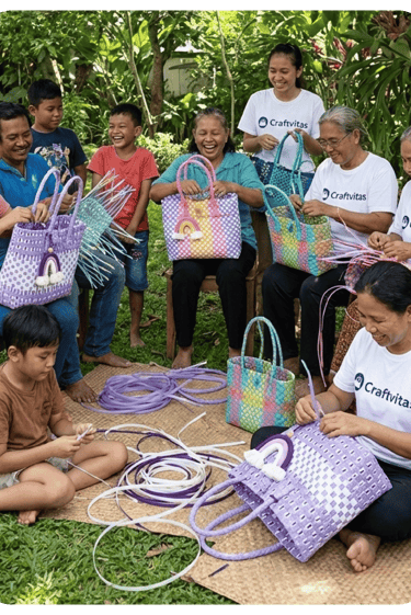 Community of artisans and families handcrafting colorful jali jali woven plastic bags together outdoors at craftvitas