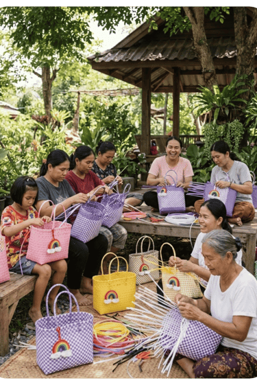 Artisans handweaving jali jali plastic bags in a garden setting using traditional manual techniques at Craftvitas Indonesia.