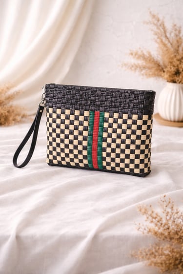 Handmade woven plastic clutch bag black and cream with green red stripe detail