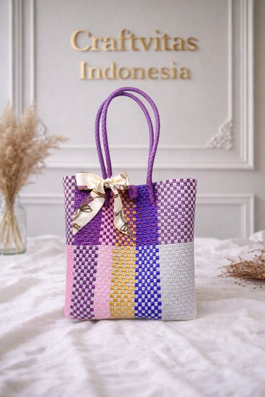 Rainbow multicolor panel woven plastic bag purple tone handmade Craftvitas Indonesia