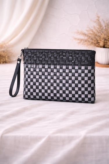 Black and grey checkered woven plastic clutch bag handmade in Indonesia
