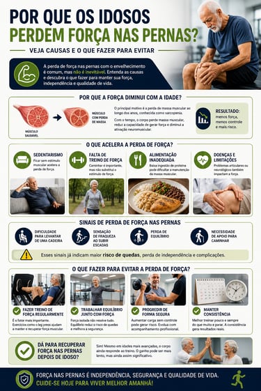 infográfico sobre por que idosos perdem força nas pernas e como evitar com treino de força e equilíb