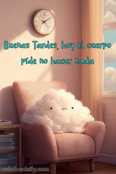Nube esponjosa sentada cómodamente en un sillón, con postura relajada y expresión tranquila