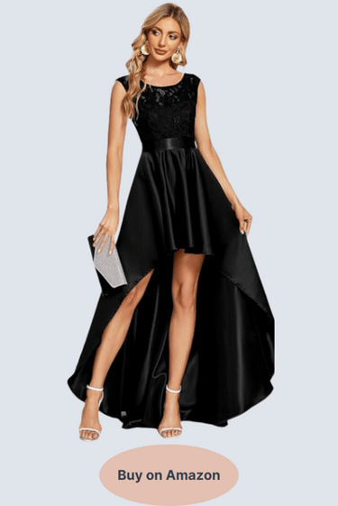 Black Ever-Pretty Women's Sleeveless Round Neck Asymmetry Hem Lace Satin Summer Prom Dresses