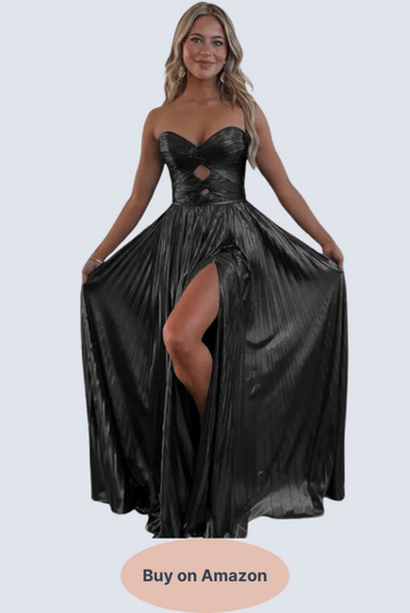 Loyeloy Sparkly Metallic Prom Dresses with Slit A Line Keyhole Satin Black