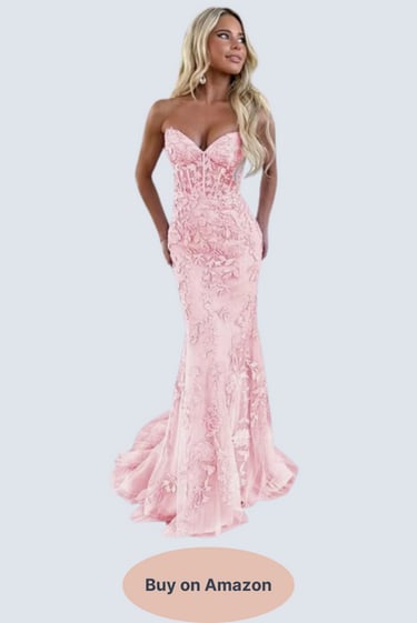 Tulle Lace Appliques Prom Dress Long Mermaid Ball Gown - Baby Pink