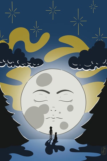 Une femme et son chien face à la pleine lune