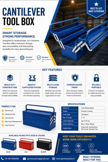 Durable blue steel cantilever tool box with multi-layer storage trays and specifications for industrial use.