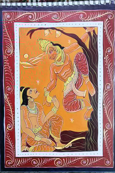 pattachitra art of ramayana in which lod rama is getting fruit from his devotee hanuman