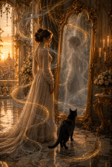 Elegant woman looking at her reflection in a rococo mirror with her soul inside. black cat present