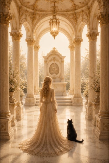 blonde elegant woman in a golden patio with a black cat to her right looking at pillars and a spleen mural in marble