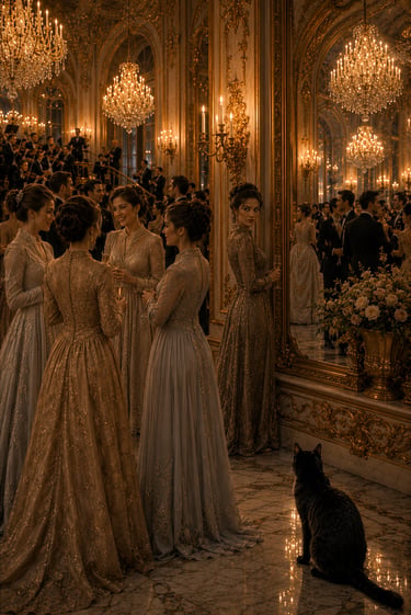 elegant women in a golden hall and crystal chandeliers stand in front of a large mirror with a black cat next to them