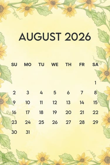 August 2026 Sunflower border free calendar A4 JPG Full