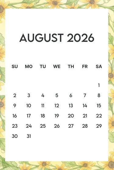 August 2026 Sunflower border free calendar A4 JPG