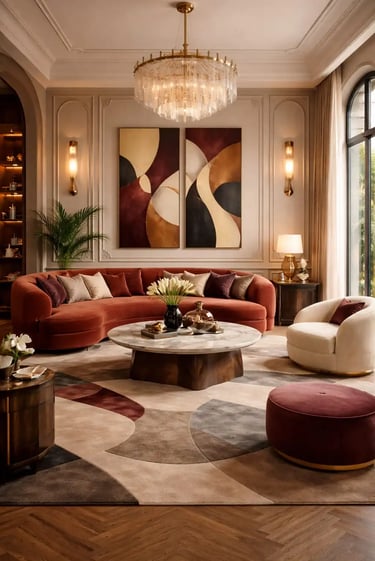 2026 Neo Deco Living Room: Moody Terracotta Curved Sofa & Luxury Abstract Decor