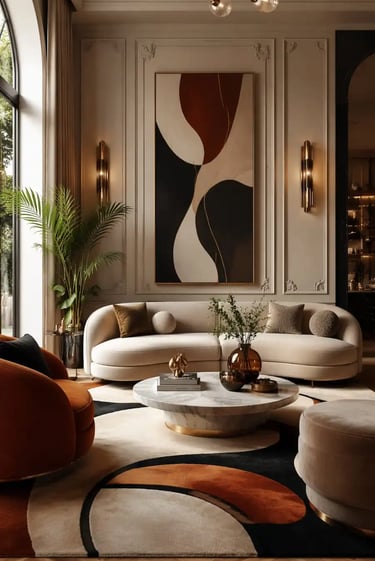 2026 Neo Deco Interior Design: Modern Luxury Living Room with Organic Curves & High-End Textures
