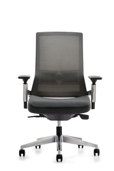 Black mesh executive chair without headrest, front view on casters