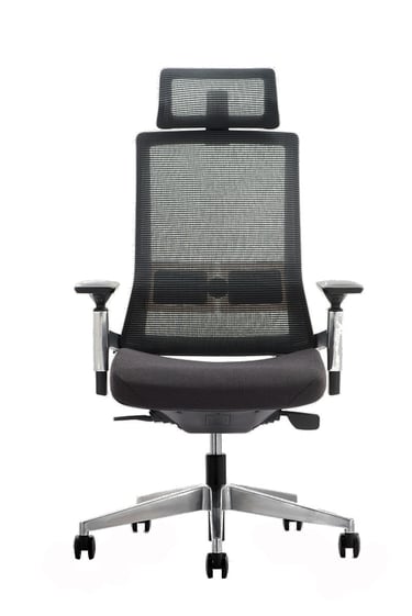 Black mesh executive chair with headrest, front view on casters