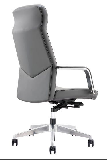 Rear view of grey executive chair showing smooth contour and metal base
