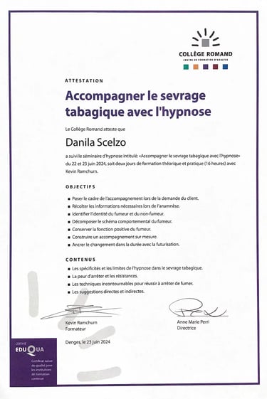 Attestation de spécialisation en sevrage tabagique par l'hypnose du Collège Romand – Danila Scelzo, Hypnonaute Genève.
