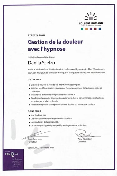 Spécialisation en gestion de la douleur par l'hypnose du Collège Romand – Danila Scelzo, Hypnonaute Genève, agréée ASCA
