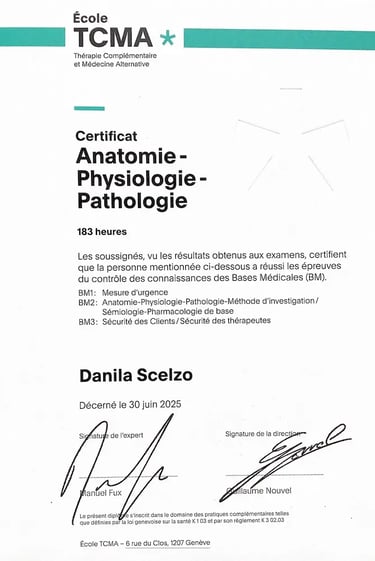 Certificat en Anatomie, Physiologie et Pathologie de l'École TCMA Genève – Danila Scelzo, hypnothérapeute agréée ASCA.