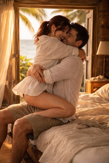 Pareja en habitación de hotel playero