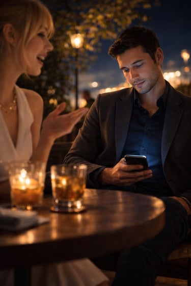 Hombre distraido en una cena