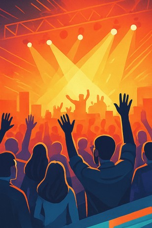 A crowd of people standing in front of a stage enjoying the show.