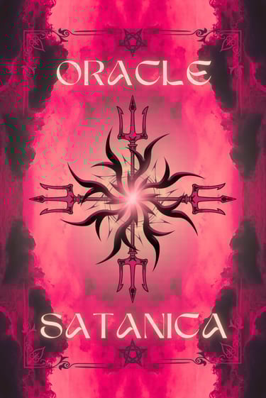 Oracle Satanica occult art featuring a demonic sigil with tridents over a pink cloudy background.