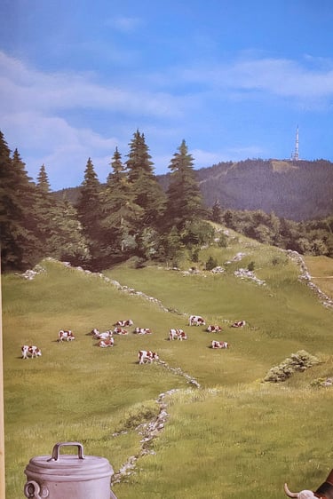 Paysage de montagnes jurassiennes, réaliste en peinture. Paturage de vaches. Lelex